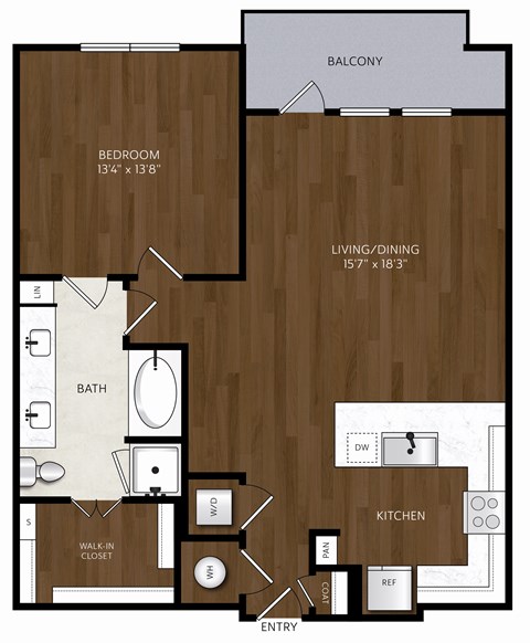 Floor plan for 1 bed, 1 bath, 913 sqft